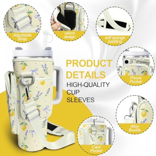 Water Bottle Carrier Bag for Stanley Cup 40oz/30oz with Phone Pocket, Neoprene Water Bottle Holder with Adjustable Shoulder & Handle Strap, Stanley Cup Accessories for Walking Travel Gym - color: Lemon