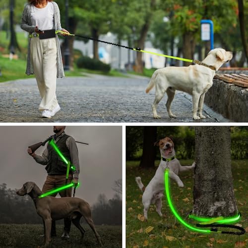 Light Up Waist Leash for Dog Walking, Hands Free LED Dog Leash with Light - color: Green