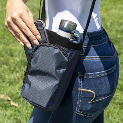 Trail maker Water Bottle Carrier Bag with Strap, Phone Pocket for Walking, Runs, Bike, Stainless Steel, Glass, Plastic - color: Navy