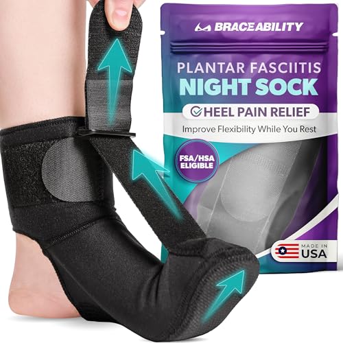 BraceAbility Plantar Fasciitis Relief Night Splint Sock - Soft Achilles Tendonitis Brace for Women and Men, Foot Drop, Planters Facetious Night Sling Boot for Sleeping and Stretching Support (L)