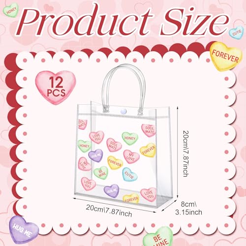 Aliceset 12 Pcs Valentine's Day Gift Bags Bulk Heart Printed Transparent Goodie Bags with Handles Reusable PVC Gift Totes for Valentines Wedding Bridal Birthday Party Favor(Conversation Heart) - style: Conversation Heart