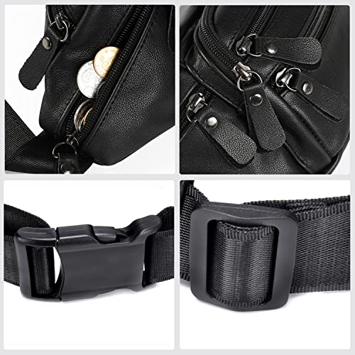 Black Leather Fanny Pack for Men & Women, Fashionable Multi-Pockets Waist Belt Bag for Travel Sports Hiking Cycling Fishing Running - color: 810#black