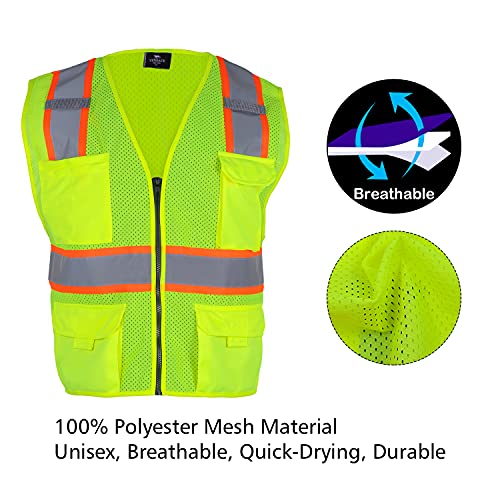 VENDACE Hi Vis Safety Reflective Mesh Vest for Men ANSI Class 2 High Visibility Vest with 8 Pockets and Zipper - color: Yellow, size: XX-Large