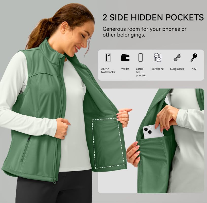 Soothfeel Women's Vest with 4 Pockets Lightweight Jacket Hiking Travel - color: Green, size: X-Small