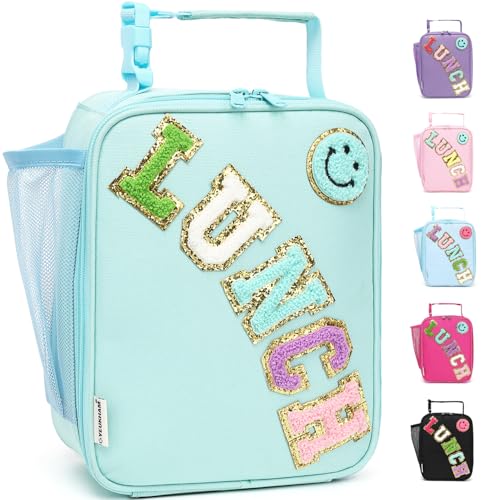 FlowFly Lunch box Insulated Soft Bag Mini Cooler Back to School Thermal Meal Tote Kit With Buckle and Mesh Side Pocket for Girls, Boys, GreenWithLetter - color: GreenWithLetter