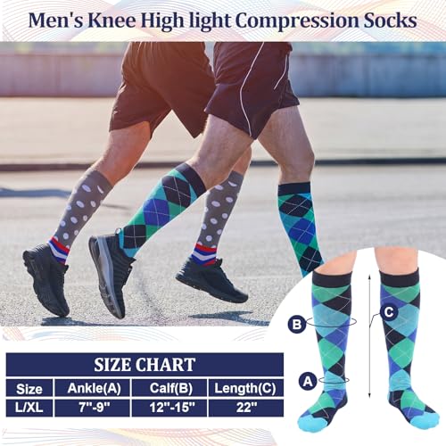 Shyyween 12 Pairs Men Knee High Compression Socks - size: Large, style: Color Wave