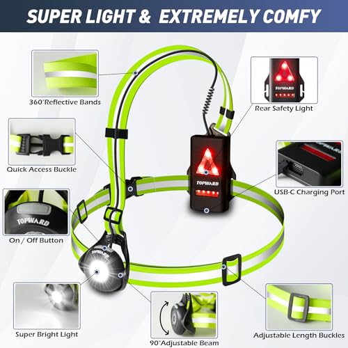Topward Running Lights for Runners USB-C Rechargeable, Chest Headlamp with 500 Lumen Adjustable Beam, Safety Light for Walking Dog at Night - color: Green