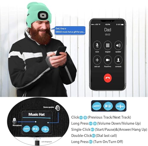 ATNKE LED Lighted Bluetooth Beanie Hat,USB Rechargeable 4 LED Wireless Music Running Headlamp Cap Gift for Men and Women - color: #Fruit Green