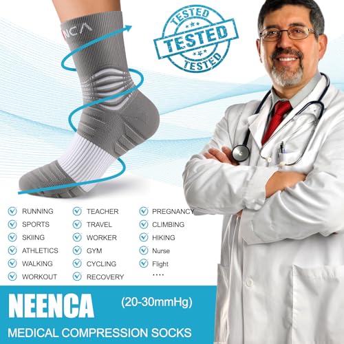 NEENCA Professional Compression Socks for Women Men Circulation, 20-30 mmHg - color: Gray White - 2 Pairs, size: Large