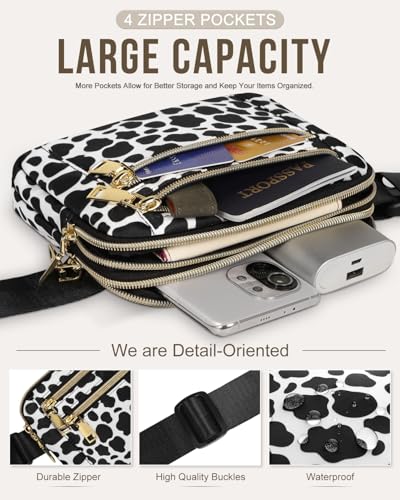 Capolo Fanny Packs for Women 4 Zip Pocket Crossbody Belt Bag Waist Bags - color: Cow Print, size: Medium