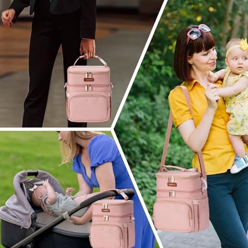 Breastmilk Cooler Bag with Ice Pack Fits 6 Baby Bottles Up to 9 Ounce, Double Deck Leak-Proof Baby Bottles Bag with Shoulder Strap for Nursing & Working Mom, - color: Pink with pocket