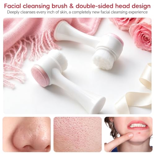 Skincare Tools Set with Face Cleansing Brush, Ice Face Roller & Gua Sha Set - color: Pink