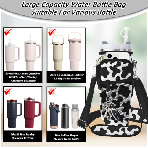 Water Bottle Carrier Bag for Stanley 40/30oz Cup Tumbler with Phone Pocket,Insulated Crossbody Water Bottle Holder with Adjustable Strap,Water Bottle Sling Pouch for Hiking Walking Camping Accessories - color: Cow Pattern