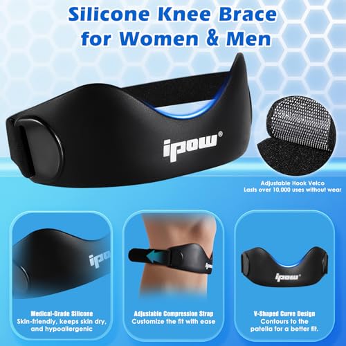 IPOW Silicone Patellar Tendon Support Strap Adjustable Non-Slip Patella Band Support Knee Brace for Hiking, Running, Jumpers Knee, Tendonitis, Basketball, Squats - color: black blue