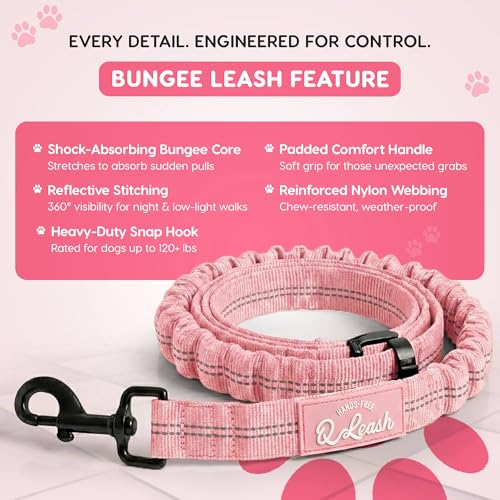 Hands Free Dog Leash with Zipper Storage Pouch - Waist Belt Bungee Running, Walking & Hiking Leash - Padded Handle - Seat Belt Attachment - Reflective No Pull Control for Medium Large Dogs 10-120 lbs