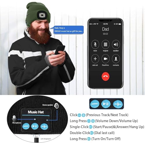 ATNKE LED Lighted Bluetooth Beanie Hat,USB Rechargeable 4 LED Wireless Music Running Headlamp Cap Gift for Men and Women - color: #Dark Army Green