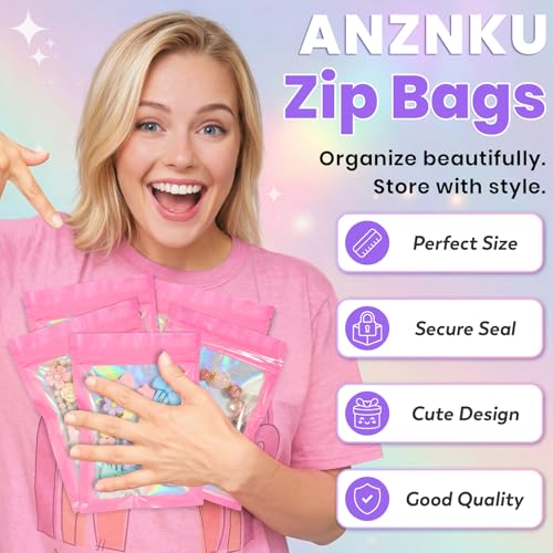 ANZNKU Holographic Mylar Bags 5x7 Pink Resealable 50PCS Candy Goodie Bags - color: Holographic Pink, size: 5x7 Inch