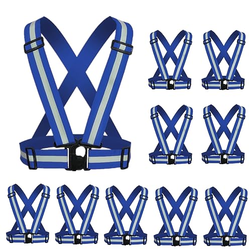 Reflective Strap Safety Vest Gear - 2-10 Pack Adjustable High Visible Reflective Running Gear for Women Men Night - color: Blue x10