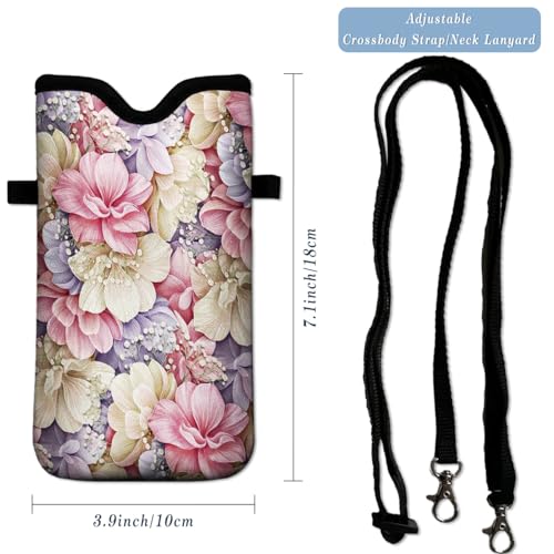 Universal Neoprene Cell Phone Pouch 7.1 X 4 in Mobile Protection Case Bag with Crossbody Strap/Neck Lanyard Luxury Flowers Leaf Printed Pattern - color: Luxury Flowers Leaf Printed Pattern