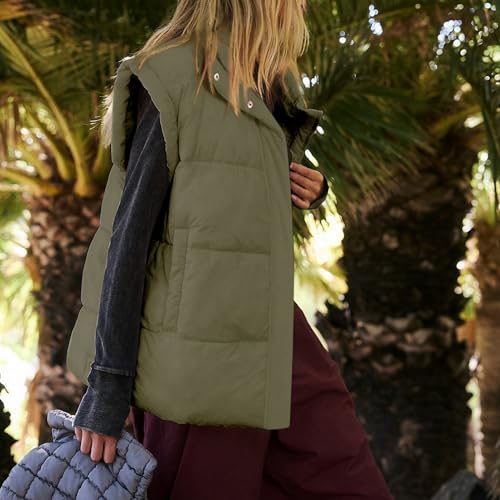 Songling Womens Oversized Puffer Vest Stand Collar Full Zip Sleeveless Bubble Puffer Vest Quilted Padded Warm Coat Outwear - color: Army-green, size: Small