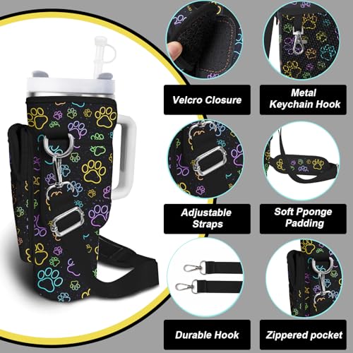 Water Bottle Carrier Bag for Stanley Cup 40/30oz, Neoprene Water Bottle Holder Pouch with 3 Pocket Adjustable Shoulder & Hand Strap - color: Neon Dog Paw
