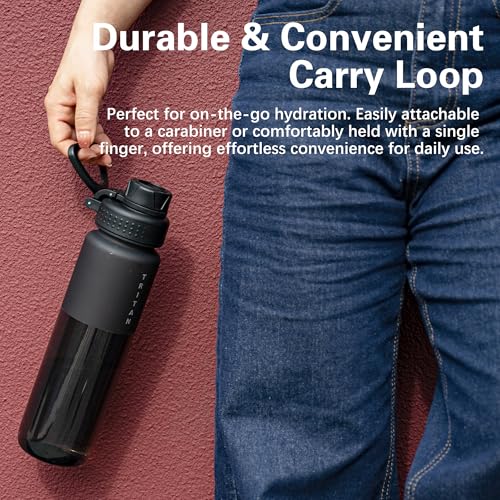 OLDLEY 32 oz Water Bottle with Handle, BPA-Free Tritan Reusable Sports Water Bottle with Leak-Proof Dust Lid, Wide Mouth, Cup Holder Friendly, Half Frosted Clear Bottle for Gym, Travel, Work,Black - color: Black