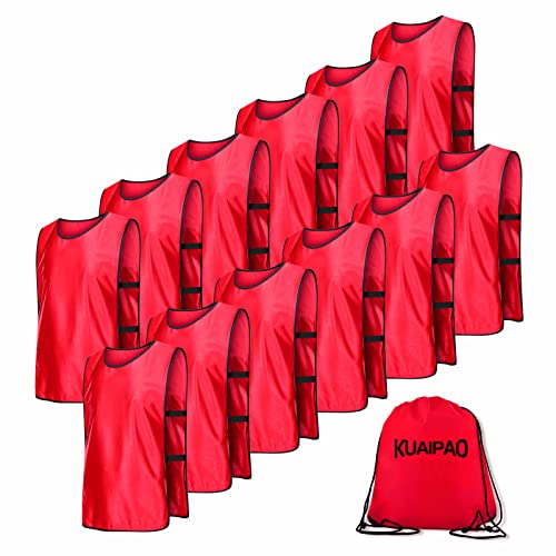 KUAIPAO 12 Pieces Soccer Pinnies Scrimmage Vest Team Practice Jerseys Sports Pinnies With Free Carry Bag - color: Red, size: Medium
