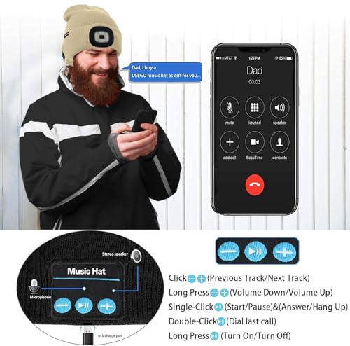 ATNKE LED Lighted Bluetooth Beanie Hat,USB Rechargeable 4 LED Wireless Music Running Headlamp Cap Gift for Men and Women - color: #Beige