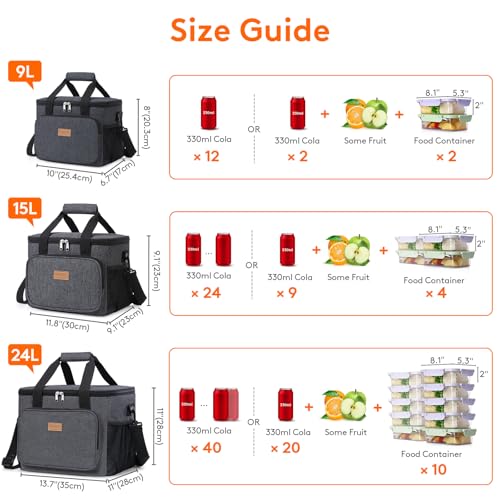 Lifewit Large Lunch Bag, Insulated Lunch Box, Soft Cooler Cooling Tote for Adult Men Women, Dark Gray 24-Can (15L) - color: Dark Gray, size: Large(15L)
