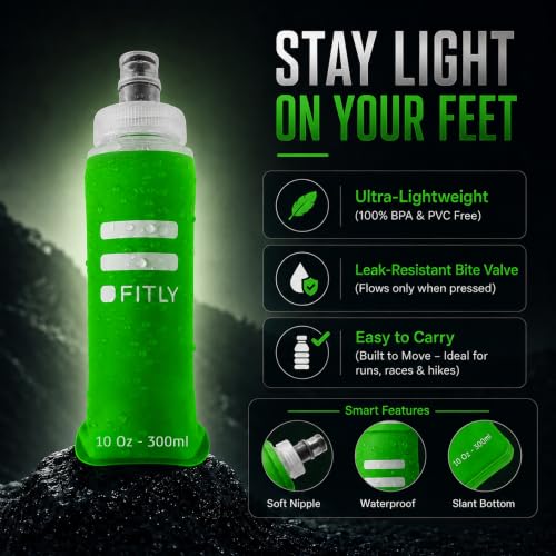 FITLY Soft Flask Running Water Bottle - Collapsible Hydration Flask - color: Forest Green, size: 10 Ounces