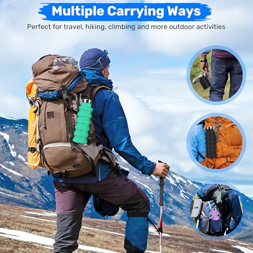 Collapsible Water Bottles, 16oz Foldable Silicone Travel Water Bottle with Carabiner, Wide Mouth, Leak-Proof, BPA-Free for Hiking, Camping, Travel - Blue - color: Blue, size: 16 Ounces