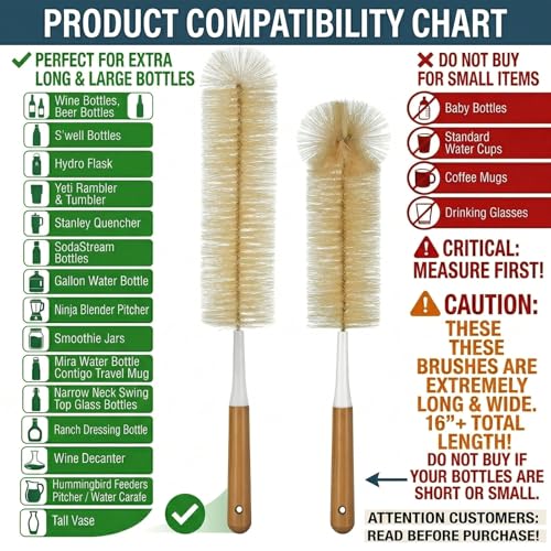 ALINK Extra Large Long Bottle Brush Set - 16" / 15" Long Bamboo Handle Bottle Cleaner for Narrow Neck Beer Wine Bottles, Decanter, Tumblers, Thermos, Jugs with Straw Brush, Kettle Spout/Lid Brush