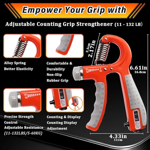 CYFIE Grip Strength Trainer Kit Adjustable 10-132Lbs Hand Exerciser Counter - color: Orange