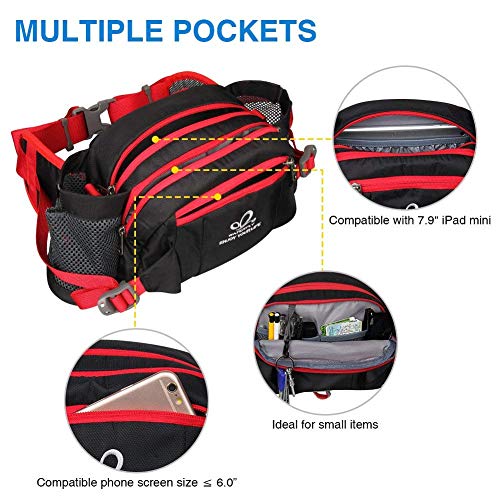 WATERFLY Fanny Pack Waist Bag: Fannie Pack 2 Water Bottle Holders Lumbar Belt Hiking Walking Running Jogging Camping Large Woman Man (Bottle Not Included) - color: Black-red