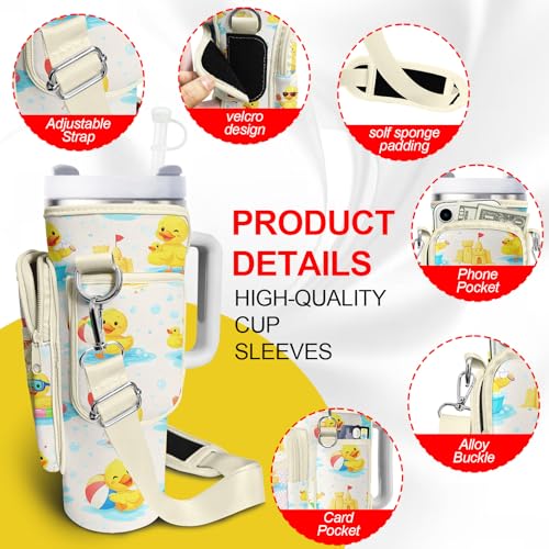 Water Bottle Carrier Bag for Stanley Cup 40oz/30oz with Phone Pocket, Neoprene Water Bottle Holder with Adjustable Shoulder & Handle Strap, Stanley Cup Accessories for Walking Travel Gym - color: Duck