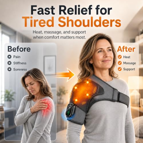 Cordless Heated Shoulder Wrap with Quiet Vibration Massage, Shoulder Heating Pad for Stiff Muscles & Everyday Comfort, Adjustable Left & Right Shoulder Brace for Men Women, Gray