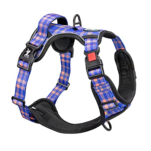 PoyPet Plaid Dog Harness Small, No Pull Vest with Front Clip & Neck Buckle - color: Checkered Blue & Orange, size: S