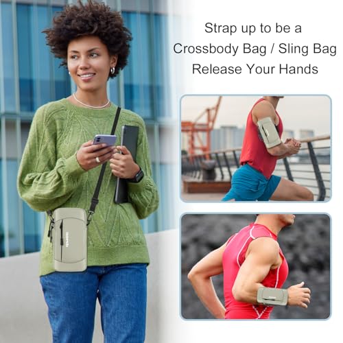 Phone Holder for Running, Armband with Crossbody Strap 7.5" Khaki - color: 08-Grey + Black Strap