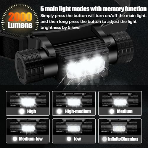 Headlamp Rechargeable, 2000 Lumen Super Bright LED Head Lamp for Adults, IP67 Waterproof Rechargeable Headlight with 9 Modes, Head Flashlight with 2600 mAh for Outdoor Camping Hiking Fishing Running - size: 5 Bead - 2000 lm - 9 Modes