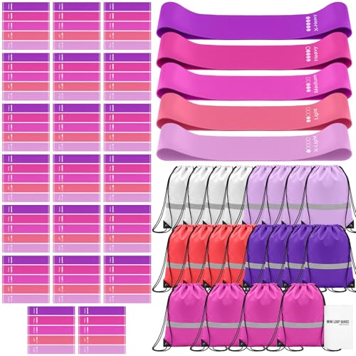 Sratte 120 Pcs Workout Loop Resistance Bands Bulk, Gym Elastic Bands Set for Fitness Sport Class Students Members Gift Physical, 5 Pieces Each Set, with Large Drawstring Backpack Bags - color: Pink