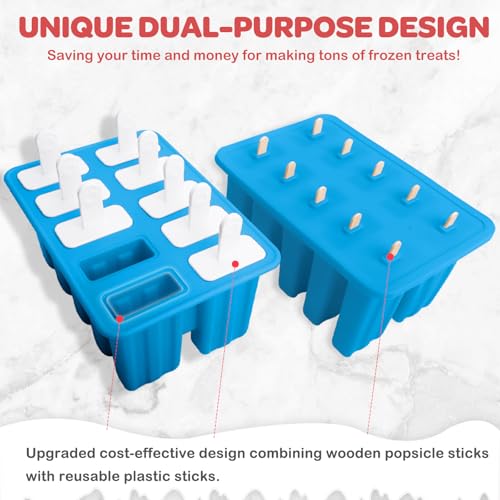 10-Cav Popsicle Molds, Silicone Ice Pop Mold for DIY Frozen Treats - color: Blue+Bin