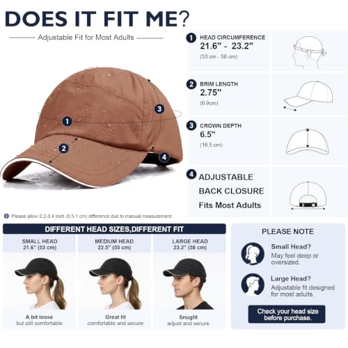 Waterproof Baseball Cap Running Hat Mens Womens Rain Hat Quick Dry Golf Hat with Sweatband Outdoor Breathable Sports Cap - color: Caramel