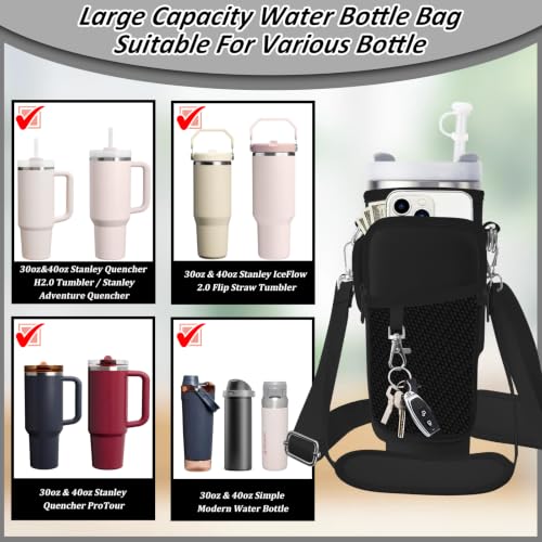 Water Bottle Carrier Bag for Stanley 40/30oz Cup Tumbler with Phone Pocket,Insulated Crossbody Water Bottle Holder with Adjustable Strap,Water Bottle Sling Pouch for Hiking Walking Camping Accessories - color: Black