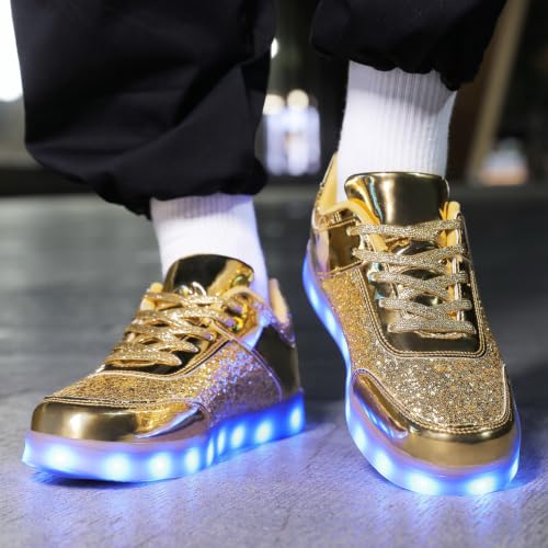 YuanRoad Unisex LED Light Up Shoes with USB Charging Glowing Luminous LED Sneakers - color: Glitter Dbgold, size: 9 Women/7.5 Men