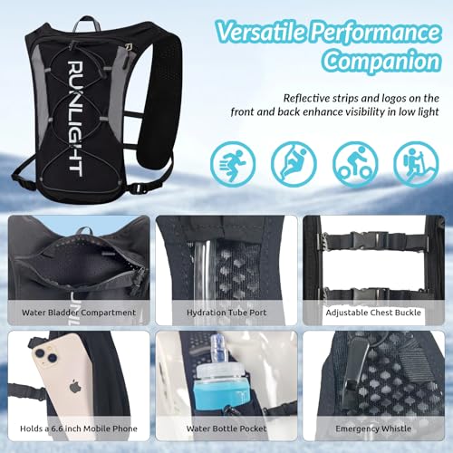 Runlight Running Vest for Women Men, Adjustable Hydration Backpack Breathable Reflective with 1.5L Water Bladder for Hiking, Trail, Running, Marathons, Cycling - color: Black