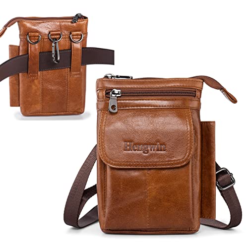 Genuine Leather Small Crossbody Purse for Men Women, Travel Passport Wallet Cell Phone Shoulder Holster Belt Pouch Messenger Bag - color: Brown
