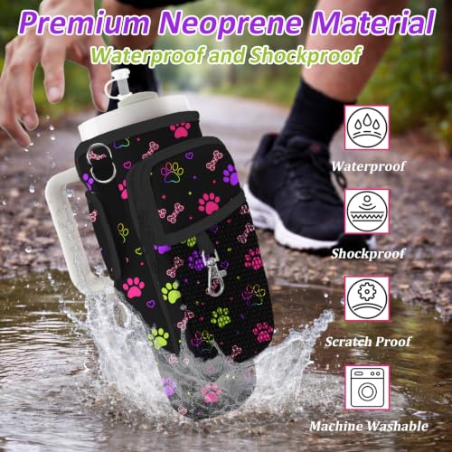 Water Bottle Carrier Bag for Stanley 40/30oz Cup Tumbler with Phone Pocket,Insulated Crossbody Water Bottle Holder with Adjustable Strap,Water Bottle Sling Pouch for Hiking Walking Camping Accessories - color: Neon Dog Paw Leopard Bone