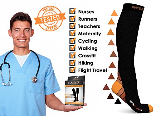 Physix Gear Compression Socks 20-30 mmHg - Men & Women - Running, Nurses, Shin Splints, Flight, Travel - color: Black/Orange, size: Small-Medium