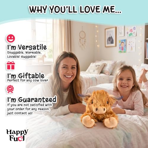 Highland Cow Microwavable Stuffed Animal – 1.5 lb Unscented Heating Pad Plush, Soft Cozy Cute Cow Toy for Relaxation and Comfort, Gift for Women, Girls, Adults & Kids by Happy Fuel - color: Brown Highland Cow (Lying Down)