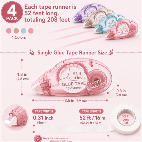 MARCADORUS Glue Tape Roller, Double Sided Tape Scrapbook 4 Pack Extra Long - size: 52.5 Ft x 0.31 In : 4 Pack